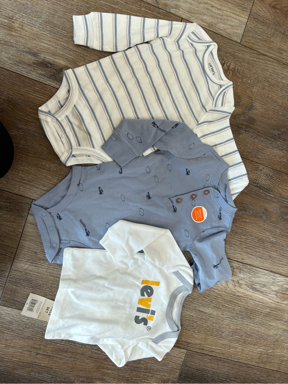 Carter's Long-Sleeve Baby Bodysuit Set - White, Blue, Cream Stripes 9 months